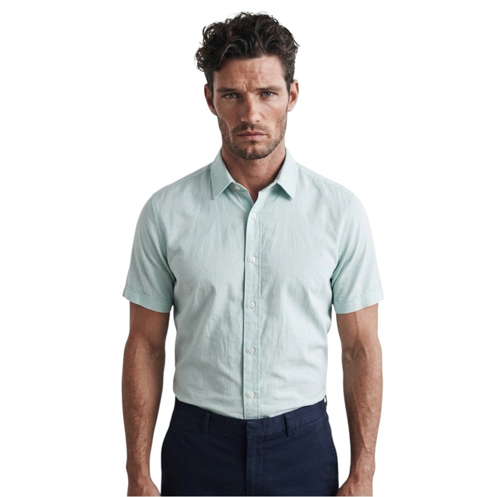 Mr Turk Mens Short Sleeve Button Down Shirt Pale Blue Cotton MR171300 Size L
